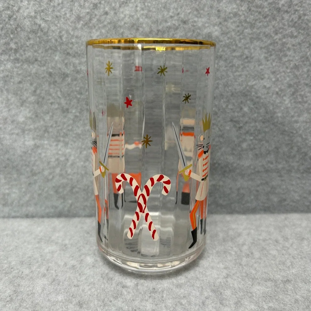 Rifle Paper Co for Anthropologie Nutcracker Juice Glass Set of 4 Gold Rim Fluted